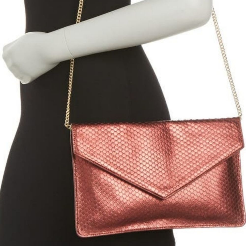 🩵NWT Moda Luxe Bronze Genuine Leather "Romy" Snakeskin Embossed Envelope Clutch